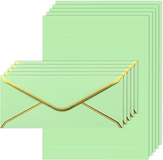 Gold Thread Stationery Paper and Envelopes Set Including 12 standard sized Phnom Penh envelopes and 24 sheets of lined paper Suitable for daily emotional expression Formal communication(green)