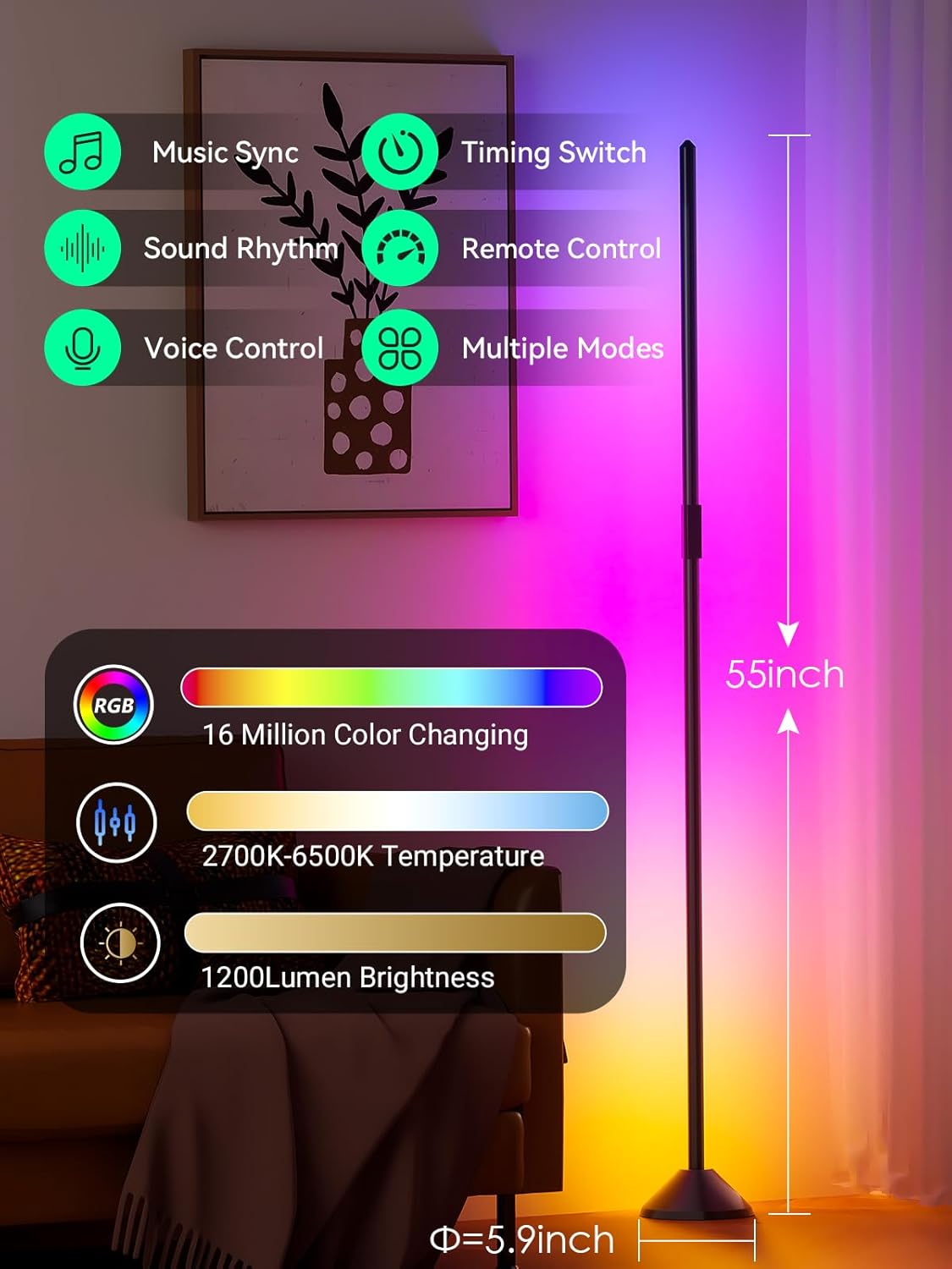 TJOY LED Floor Lamp RGB+IC, Smart Corner Lamp Work with Alexa&Google Home,1200LM, Modern Floor Lamp with 16 Million DIY Colors, Music Sync, Color Changing Lamp,Timer, for Living Room Bedroom,1 Pack