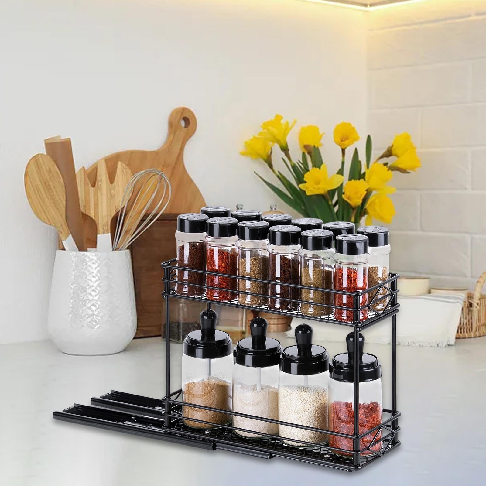 Estante Deslizante para Especias, Organizador de Frascos de Especias de 2 Niveles, Estante Deslizante para Condimentos, Ideal para Armarios de Cocina