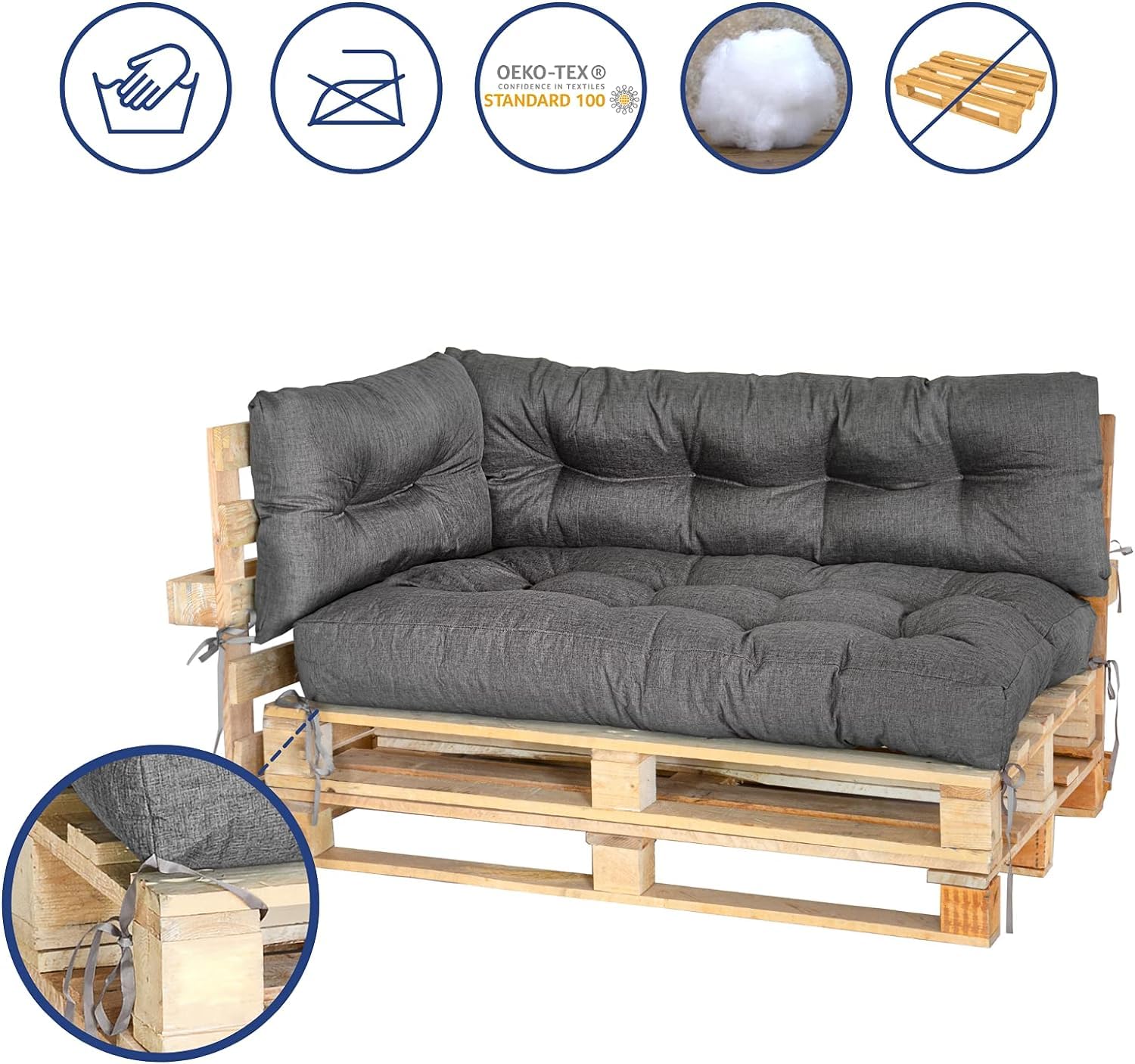 MKS Cuscino pallet Set di 3 impermeabile 120x80 120x40 60x40 cm con cinghie