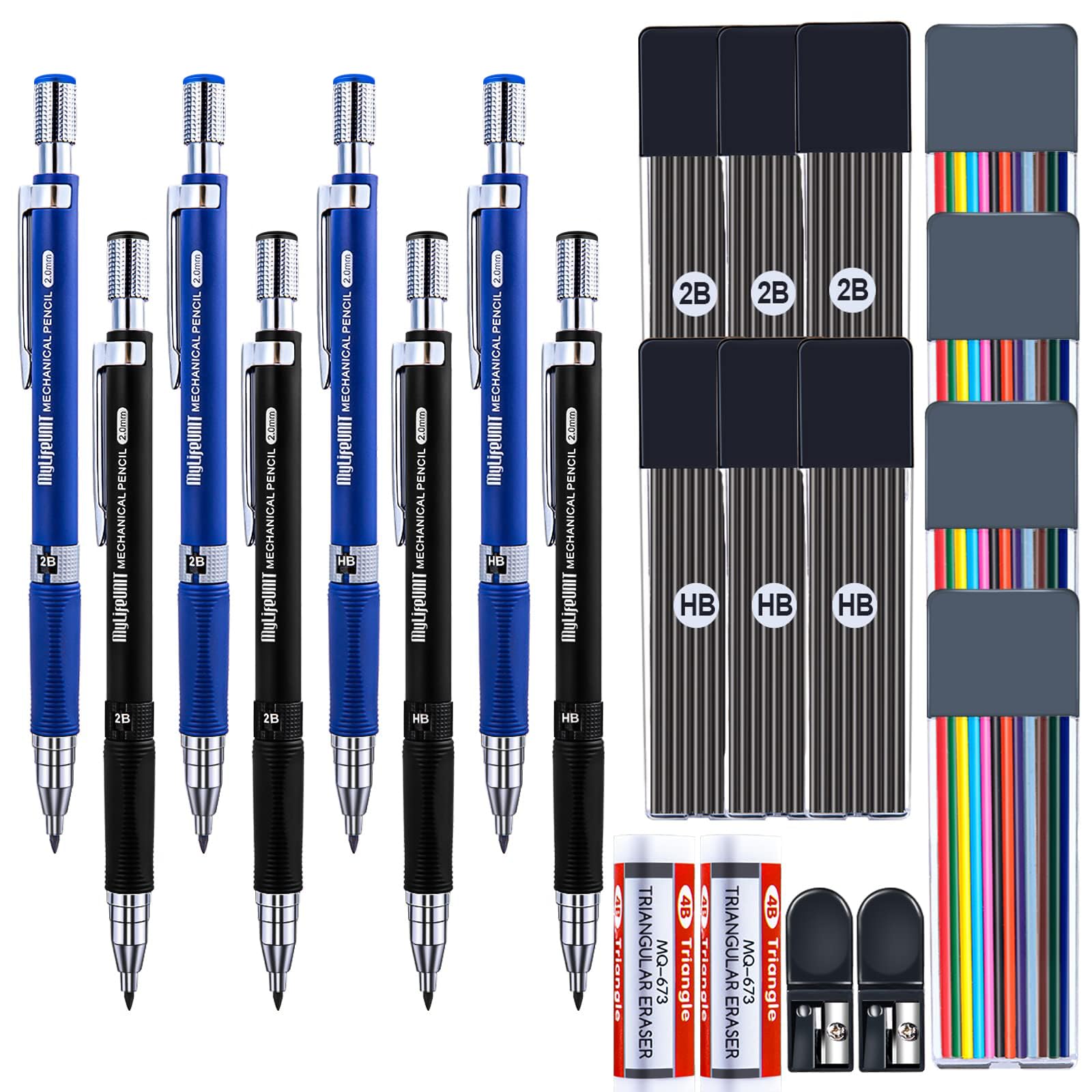 MyLifeUNIT 22 Pcs 2.0 mm Mechanical Pencils Set, 8 Pcs Lead Pencils with 10 Case Lead Refills 2B, HB Black & Colors, 2 Pcs Erasers and 2 Pcs