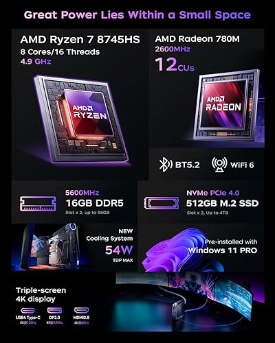 Miniatura 4 de ACEMAGICIAN Mini PC S3A, Ryzen 7 8745HS hasta 4.9 Ghz, 16 GB DDR5 512 GB NVMe SSD Mini computadoras con gráficos AMD Radeon 780M, luces