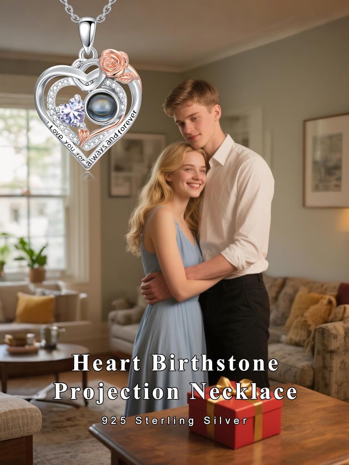 Dorunmo Personalized I Love You Necklace 100 Languages Projection Necklace Heart Necklace 925 Sterling Silver Rose Birthstone Pendant Projection Necklace Rose Jewelry Gifts for Women Mom