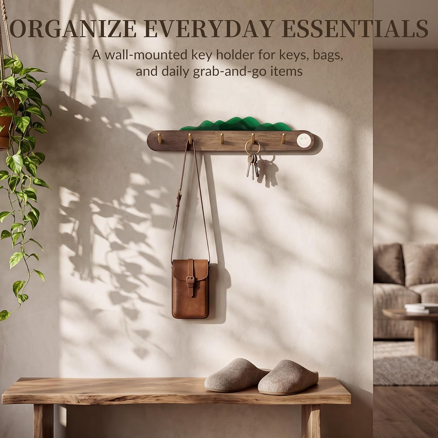 Coat Rack Wall Mount, Small Wooden Wall Hook Rack with 5 Brass Hooks