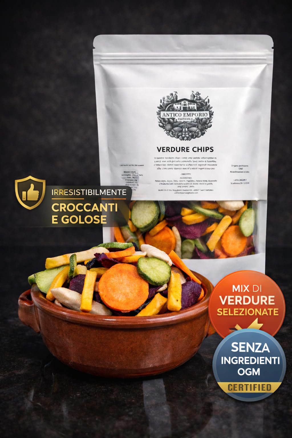 Chips di Verdure essiccate, croccanti - 500 Grammi - in Sacchetto in kraft Richiudibile - Snack Sfizioso e Salutare, Composto da 8 Verdure