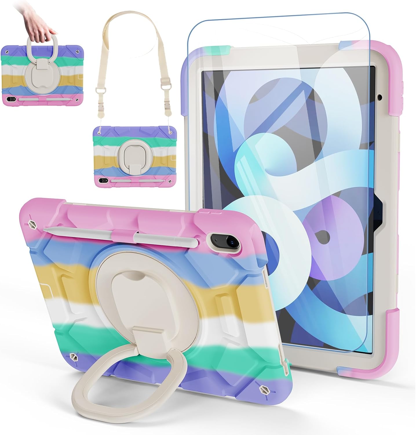 case for iPad (A16) 11th Generation 11 Inch (2025)，iPad 10th Generation 10.9 Inch(2022),with[Tempered Glass Screen Protector] [Pencil Holder] 360° Rotating Handle Stand (Rainbow)
