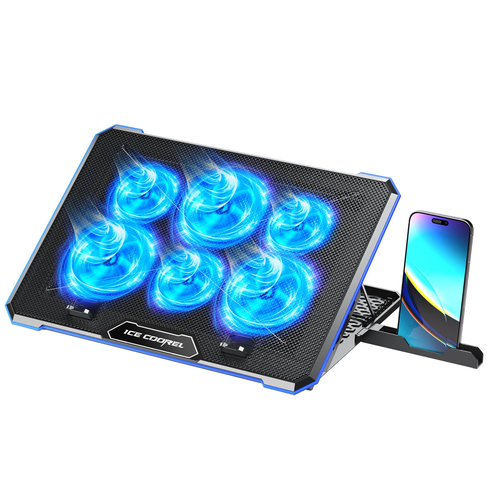 ICE COOREL Laptop Cooler Pad with 6 Quiet Fans, Blue, for Laptops 11-17.3 Inch, Adjustable Height, No Lights, USB Powered