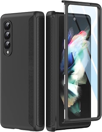 MAKAVO Slim Thin Z Fold 3 Case with Hinge Coverage, Screen Protector, Matte Hard Shockproof Full Body Protection Phone Cover for Samsung Galaxy Z Fold 3 5G Black