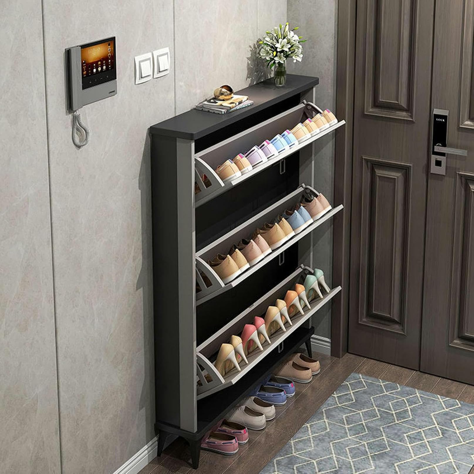 Étagère à chaussures autoportante étroite pour entrée modulable et design
