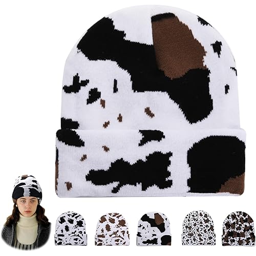 Unisex Cow Print Beanie with Fleece Lining Winter Warm Knitted Hat for Women Men Soft Cuffed Skull Cap