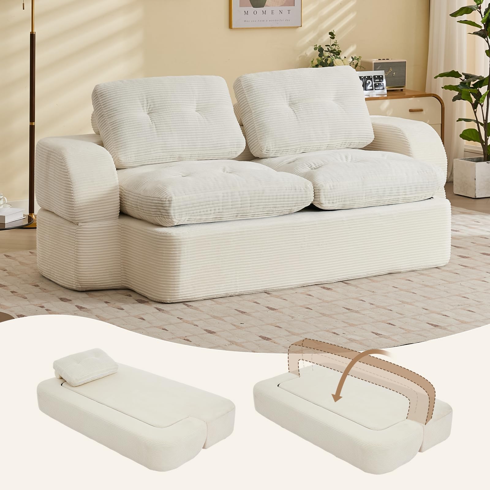 Sofa Bed Couch Convertible Futon Sofa Bed Foldable Boneless Couch No Assembly Love Seat Mattress Sleeper for Living Room Bedroom Apartment Beige