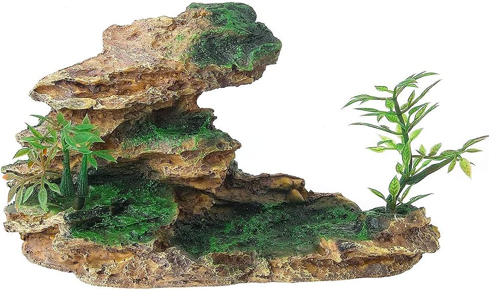 Aquarium Ornament Rock Cave Landscape Artificial Mountain View Stone with Moss Tree Fish Tank Decoration (#Hill A)