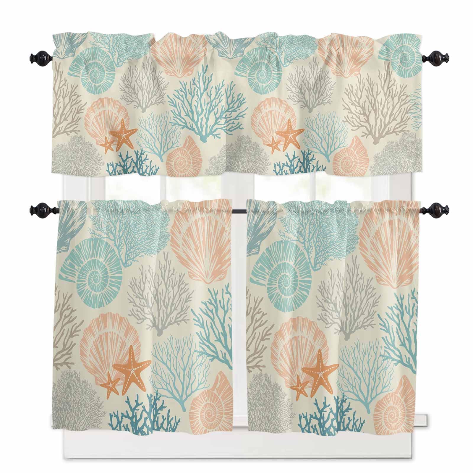 Coastal Turquoise Kitchen Curtains 36 Inch Length,3 Piece Rod Pocket Small Half Tiers and Valance Set,Ocean Coral Starfish Shell Modern Sea Small Large Window Treatment Decor for Bedroom/Bathroom