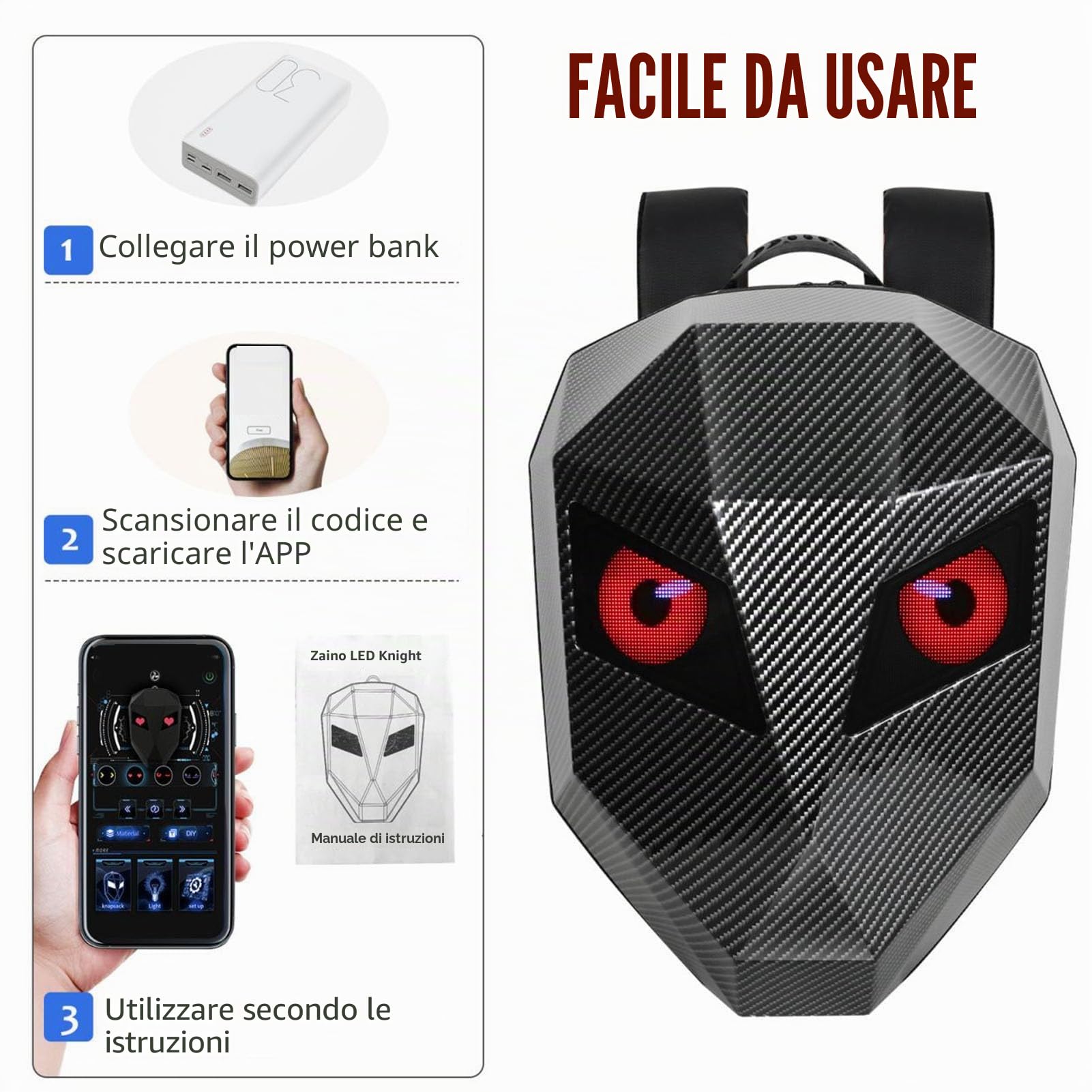 Luocute Zaino Moto Uomo, Zaino LED Alimentato Tramite USB di Grande Capacità Guscio Rigido 3D Impermeabile in Fibra di Carbonio Schermo a Colori Strutturato Zaino per Laptop Fai Te
