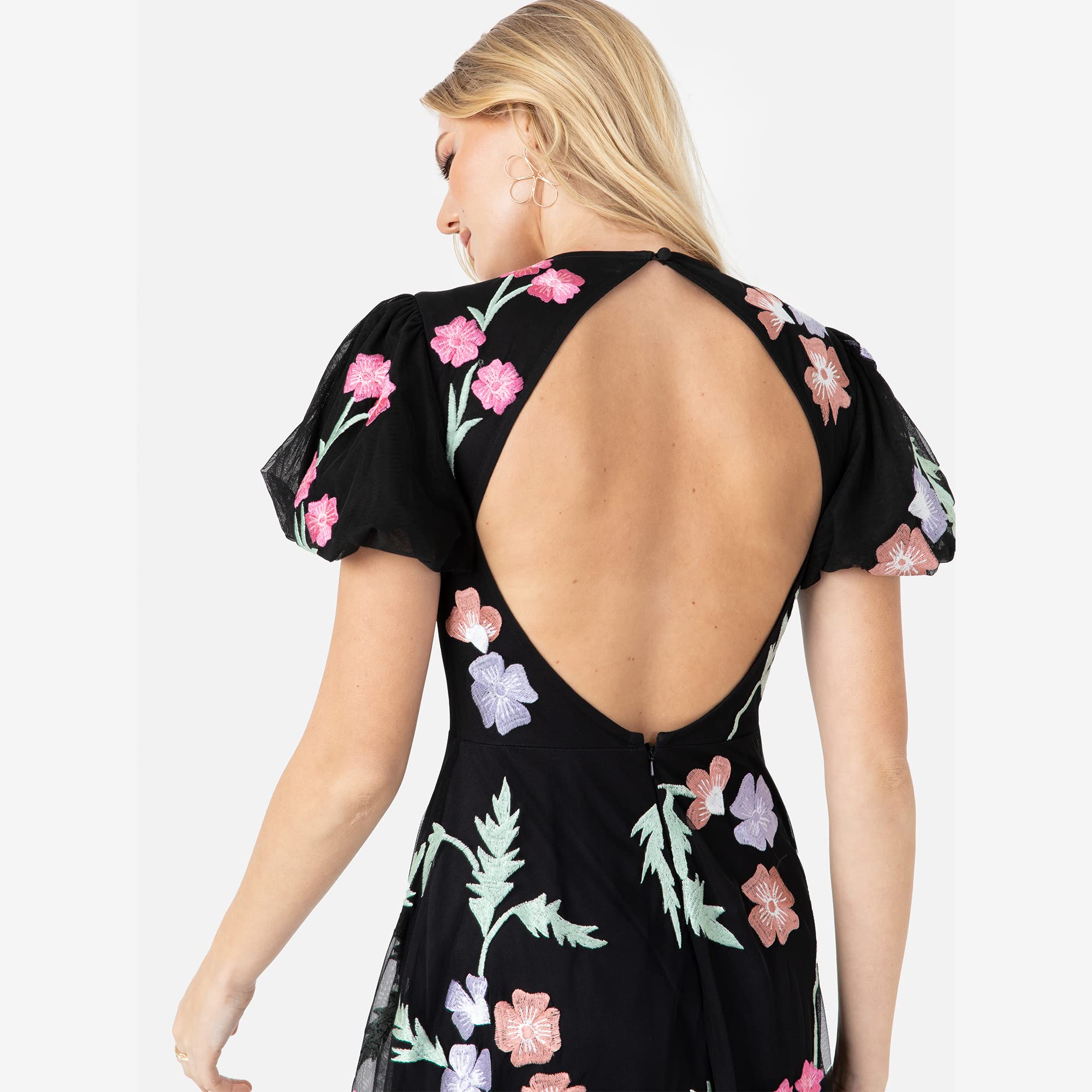 Maya Deluxe Womens Maxi Dress Ladies Floral Embroidered Open Back Puff Sleeves Dress For Wedding Guest Bridesmaid Prom Occasion Vestido Mujer