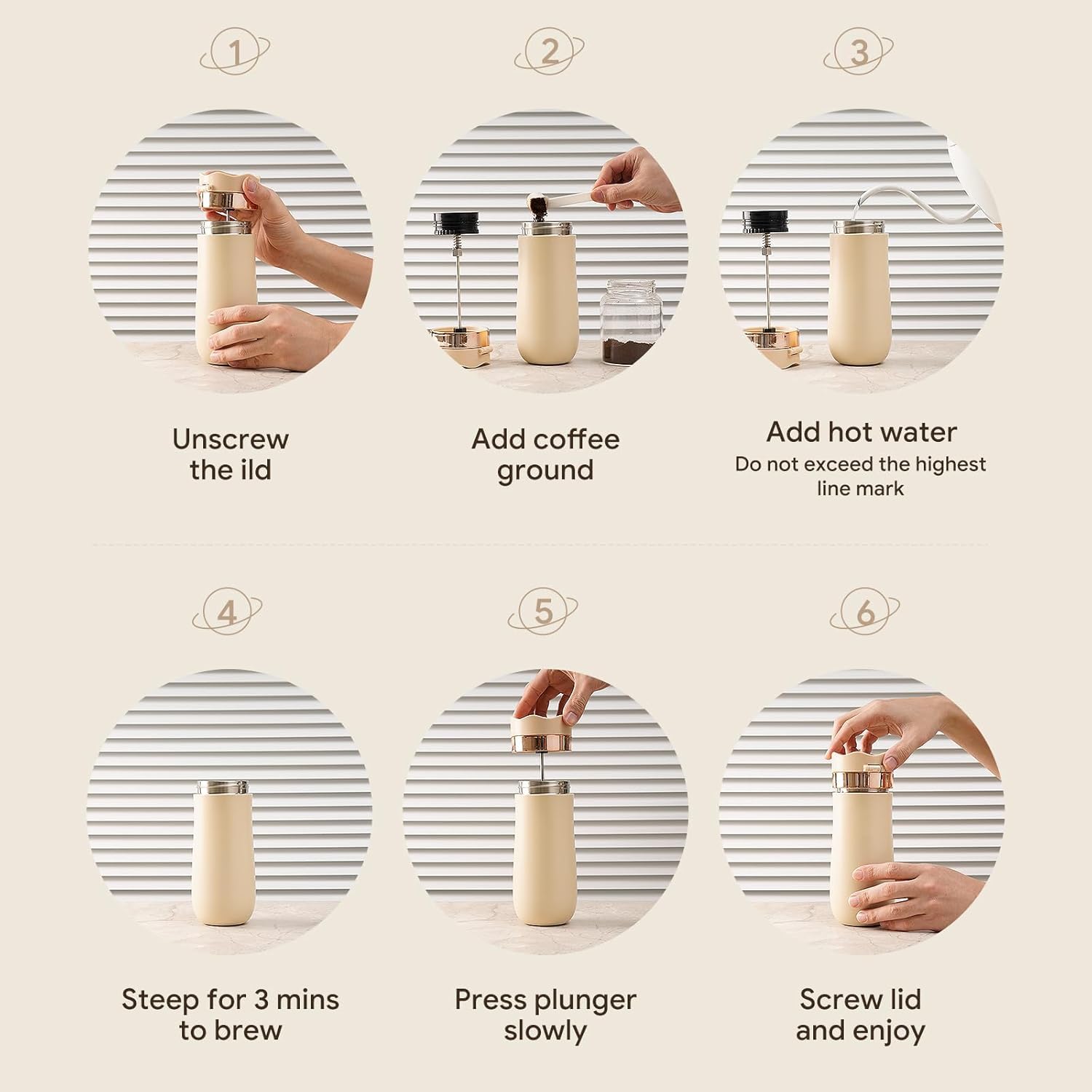 Travel French Press Coffee Maker 12oz Portable French Coffee Cup Double Walled Stainless Steel Vacuum Insulated Coffee Mug and Tea Maker Mini Vacuum Great for Camping and Traveling