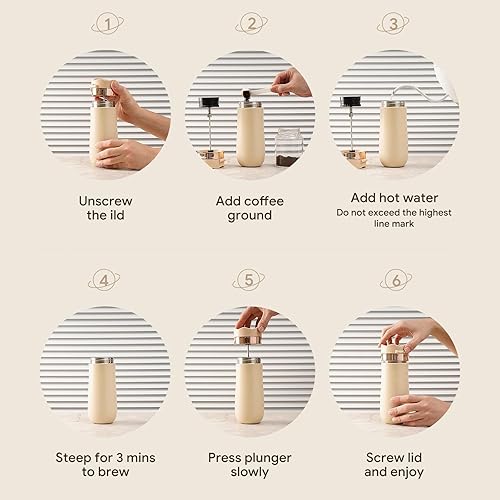 Miniatura 6 de Cafetera de prensa francesa de viaje de 12 onzas, taza de café francesa portátil de doble pared de acero inoxidable aislada al vacío taza de café y