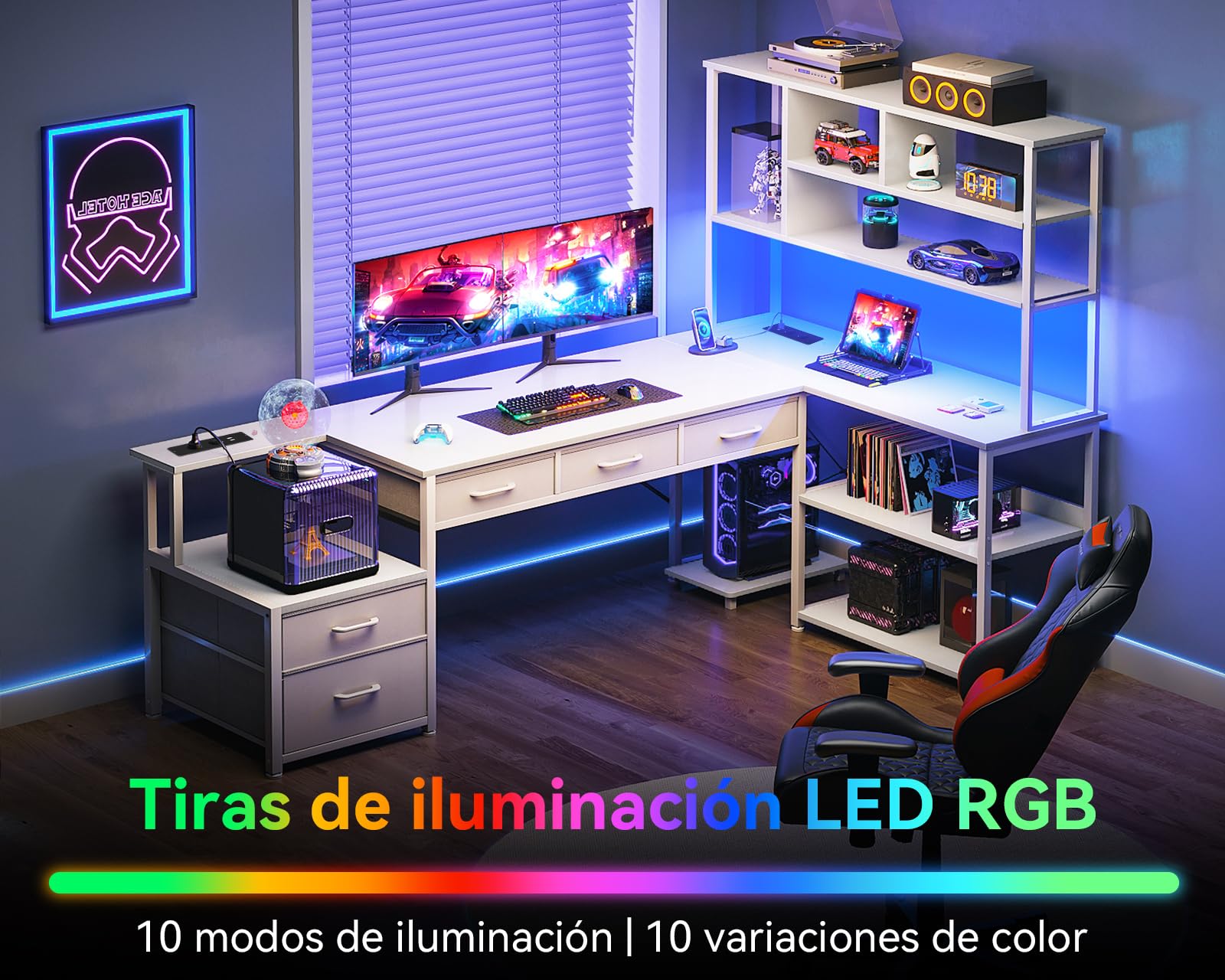 Coleshome Escritorio de Esquina en L con 5 Cajones, 4 Estantes, Luz LED, Tomas de Corriente y USB, Ideal para Oficina en Casa, Estudio o Juegos, Blanco, 200x110 cm