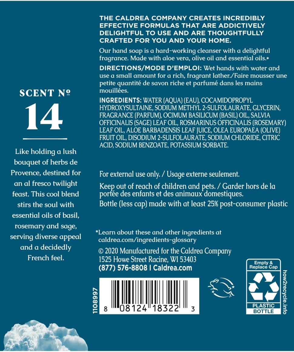 Caldrea Hand Soap Refill, Aloe Vera Gel, Olive Oil And Essential Oils To Cleanse And Condition, Basil Blue Sage Scent, 32 Oz