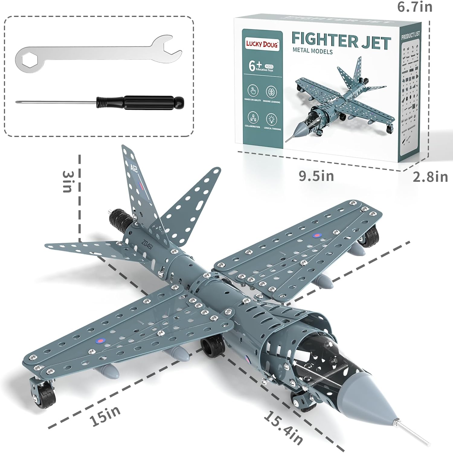 Diagram showing the dimensions of the assembled model airplane: 3 inches high, 15.4 inches long, and 15 inches wide.