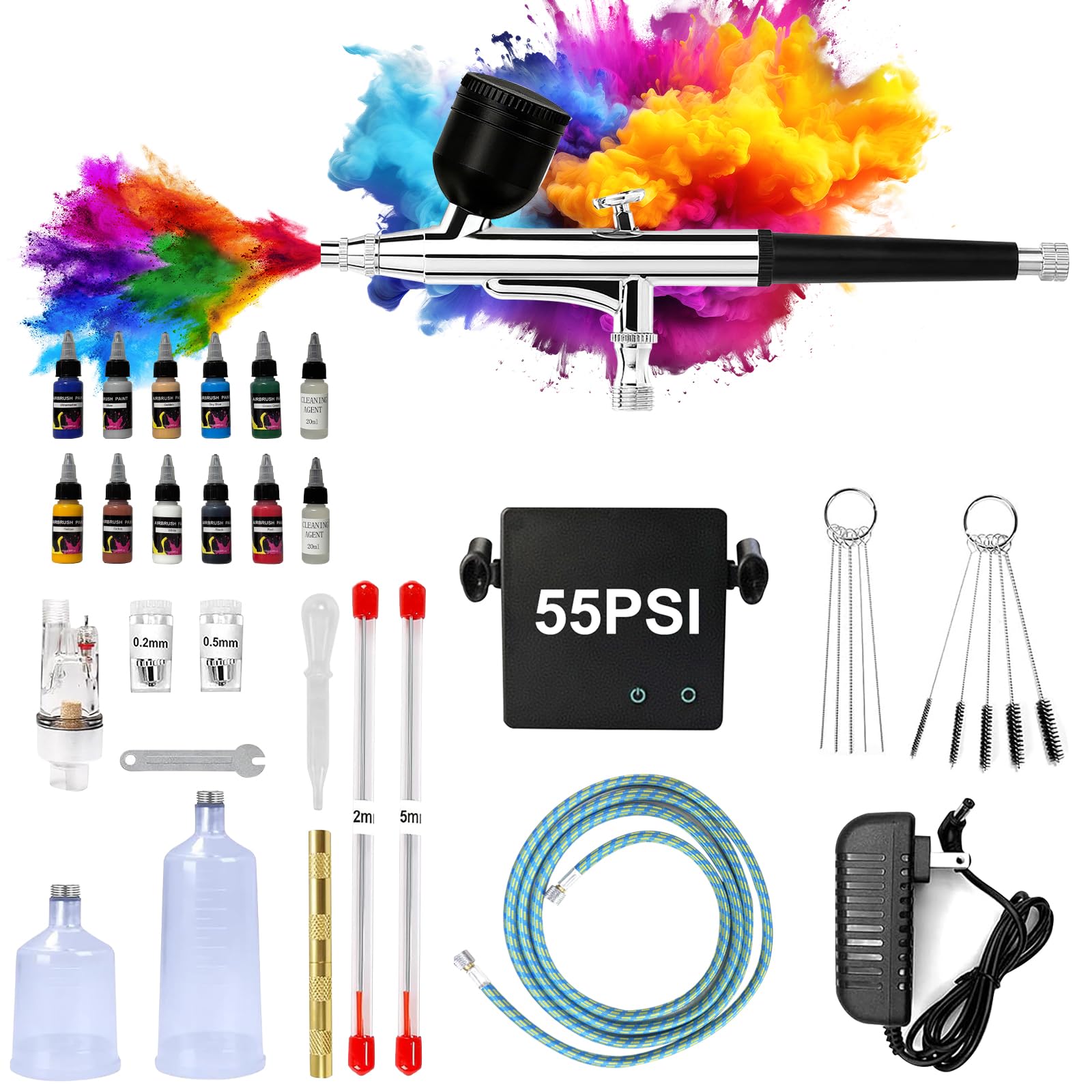 55PSI Airbrush-Set mit Kompressor, Doppelwirkungs-Airbrush mit 3 Modi und 0,2/0,3/0,5 mm Düsen, Enthält 10 Flaschen Acrylfarbe und 2 Flaschen Reinigungslösung Geeignet für Bastelarbeiten, Tattoos us.