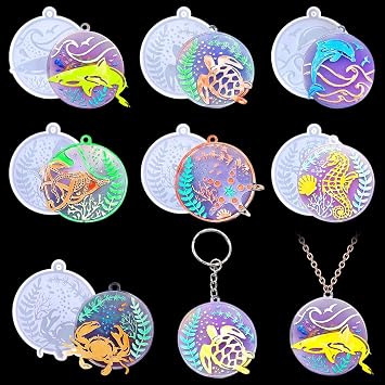 7 Pcs Keychain Resin Mold Sea Animals Silicone Molds Round Epoxy Resin Casting Mold Circle Keychain Pendant Mould with Holes for DIY Crafts Jewelry Earrings Making