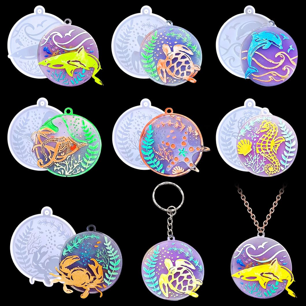 Zayookey 7 Pcs Keychain Resin Mold Sea Animals Silicone Molds Round Epoxy Resin Casting Mold Circle Keychain Pendant Mould with Holes for DIY Crafts Jewelry Earrings Making (Sea Animal Shape)