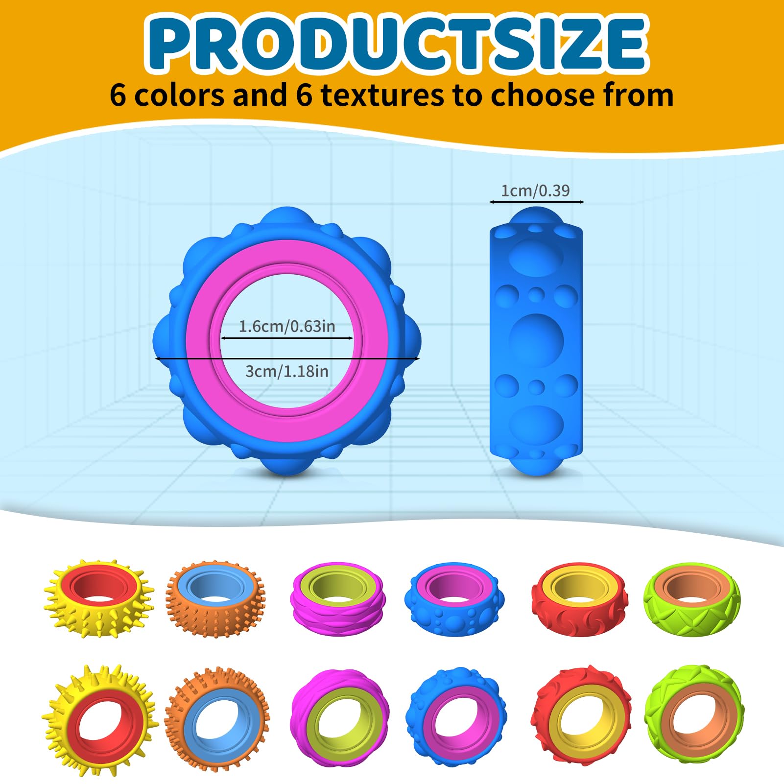 Fidget Ring Toys for Children Adults, Pack of 12 Finger Spinner Rings Silicone,Anti Stress Autism Toy, Fidget Squishy Toy, Anxiety, ADHD Toys, Soothing for Stress, Anxiety