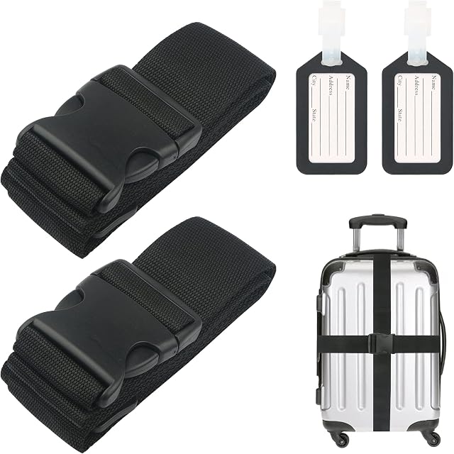 2PCS Luggage Straps and 2pcs Luggage Tags Adjustable Travel Luggage Belts Packaging Bag Buckle Belt Multi-colours Straps choices for suitcase, bag, boxes (Black)