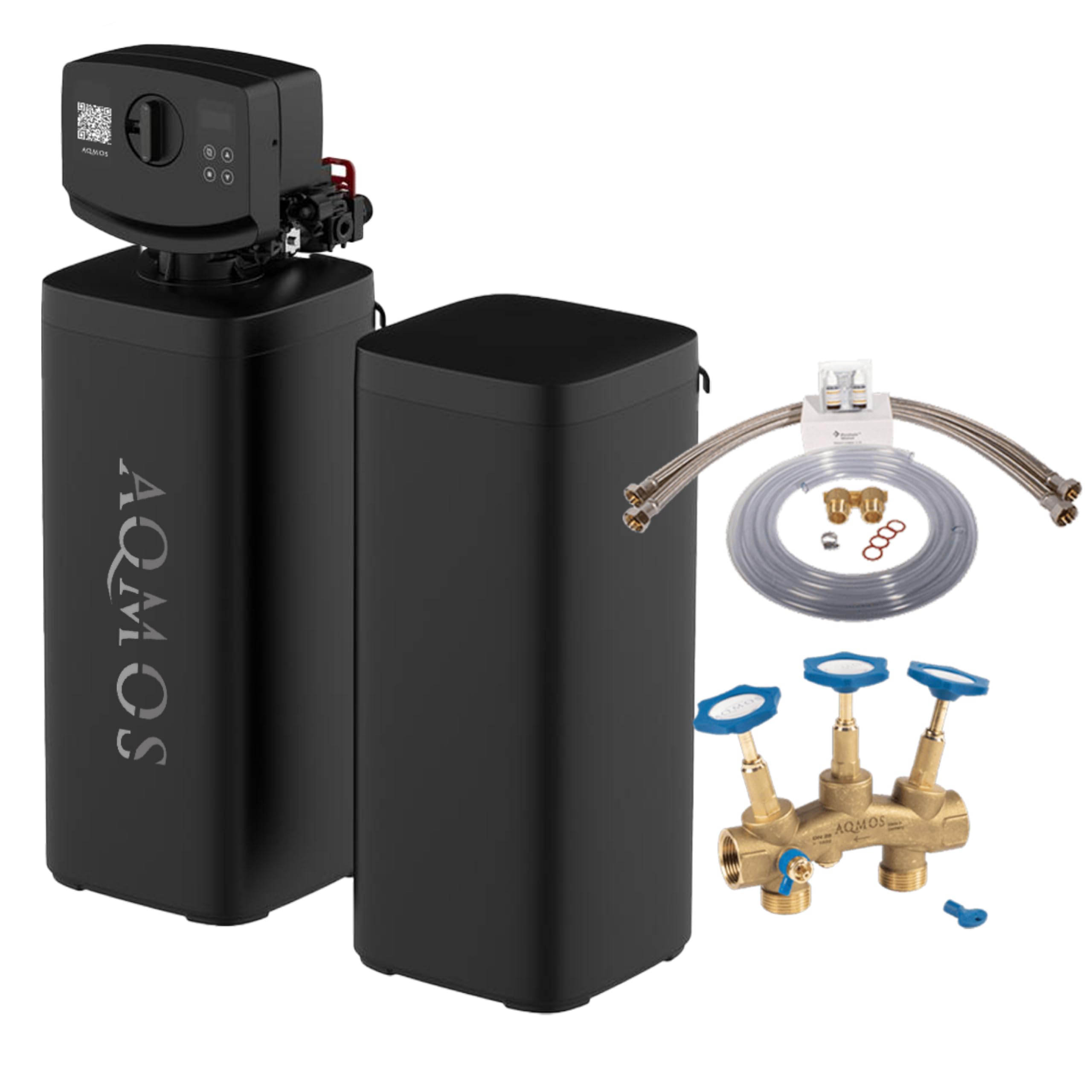 AQMOS FLEX-60 - Descalcificador de agua con kit de conexión de 1" y bloque de montaje de 1" para casa para 3 – 5 personas, capacidad de 6000 L, con depósito de sal externo, descalcificador de agua