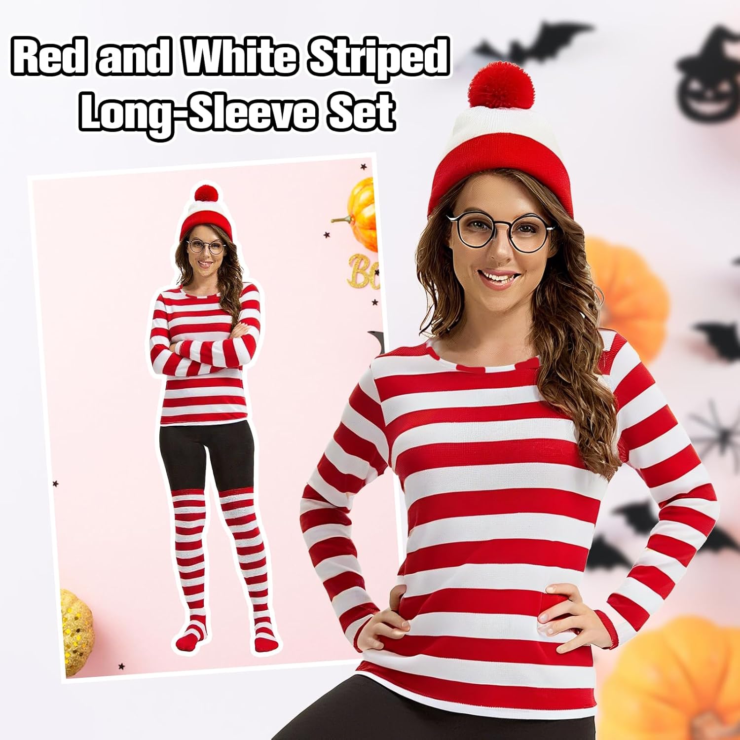 4PCS, Red and White Striped Shirt Adult Women Costume Shirt Glasses and Hat Socks Suit for Halloween Party. - Image 5