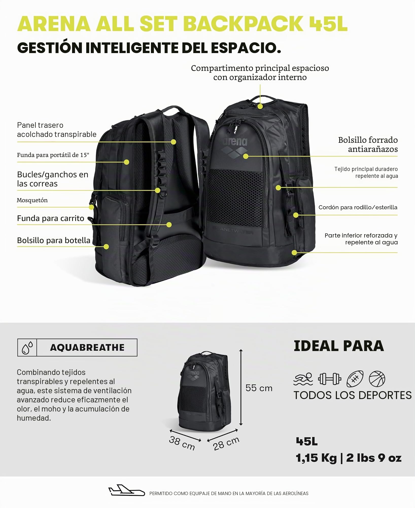 ARENA All Set Sports Swim Backpack Athletes Gym Rucksack Multisport Daypack Large Size Training Gear Equipment Bag 45 Liters