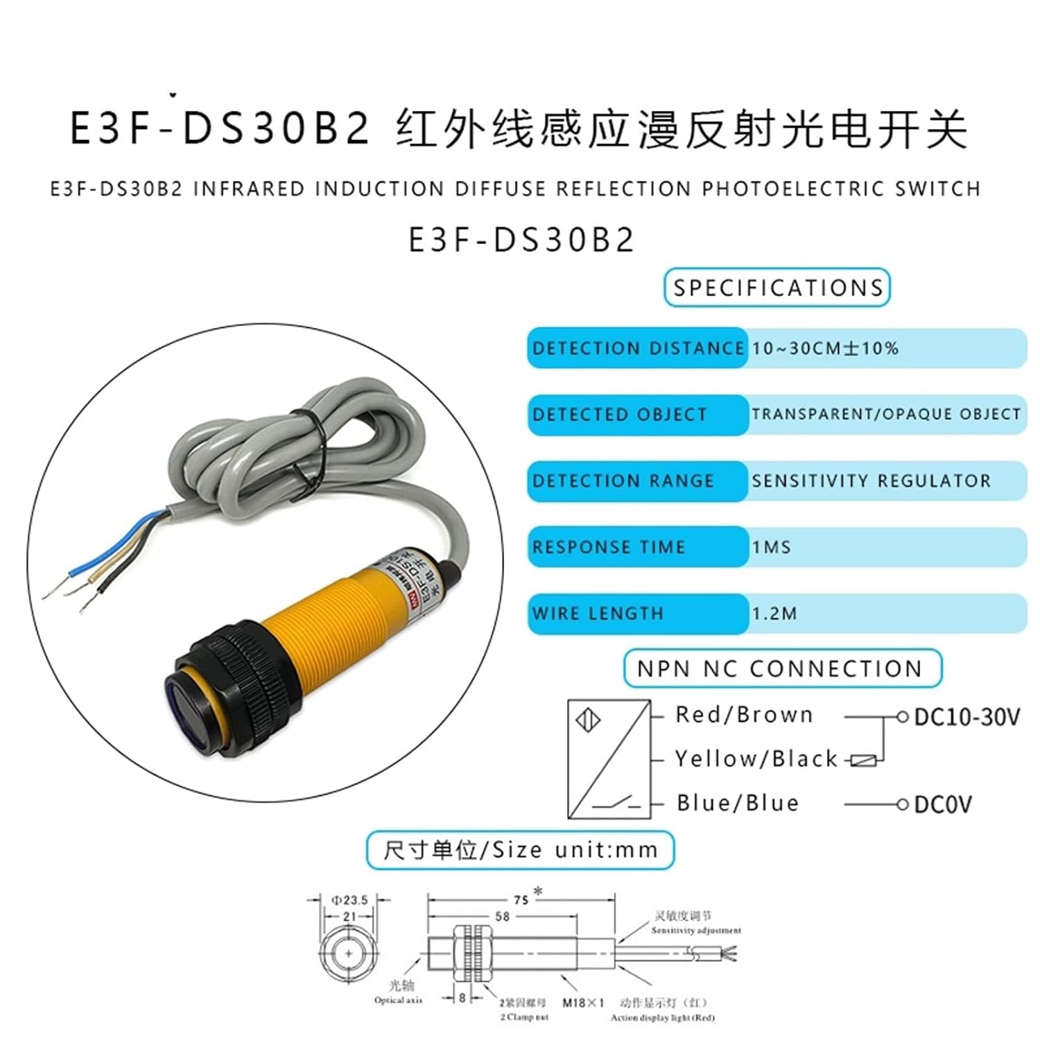 1PC E3F-DS30B2 DC NPN NC 6-36V 10~30CM Sensor Distance Sensing Diffuse Rreflection Photoelectric Proximity Switch 1.2m