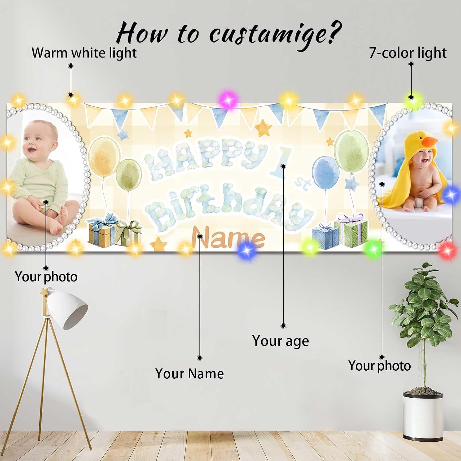 Personalized Birthday Banner with LED Light Custom Birthday Backdrop Sign with Name Age for Party Supplies Decoration Indoor Outdoor(Beige-B)