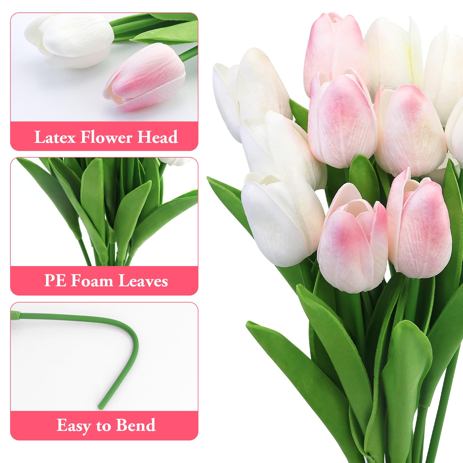 Janinka Künstliche Tulpen – 100 Stück, PU-Material, 35 Cm Lang, In Dunkelrosa, Hellrosa & Weiß