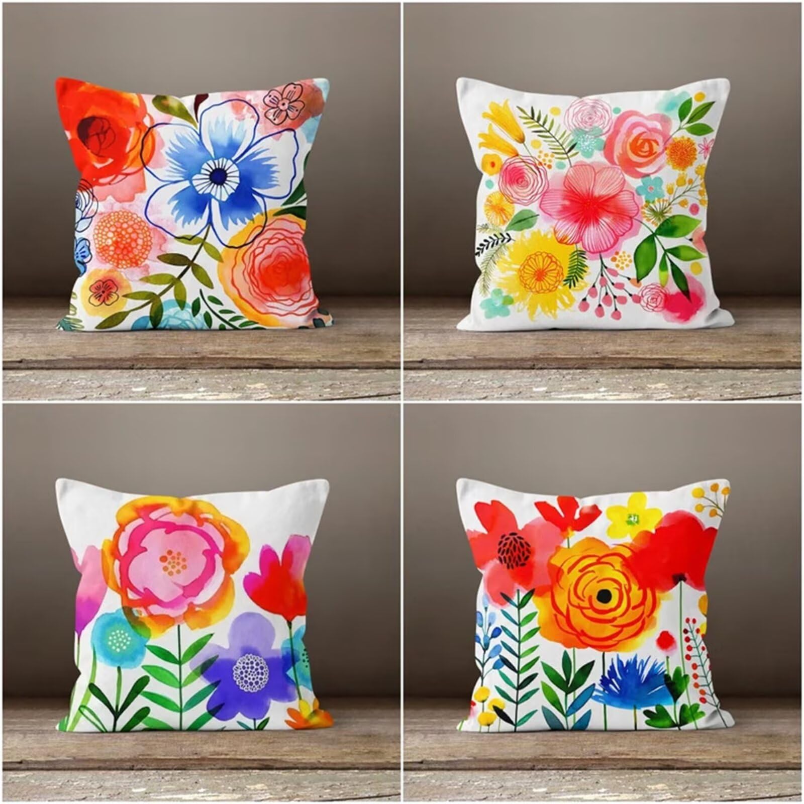 Heaen Outdoor Cushions Covers Waterproof 35x35 cm Set of 4 Square Linen Pillow Cases Watercolour Flowers Decorative Dushions for Sofa Porch Patio Home Decor