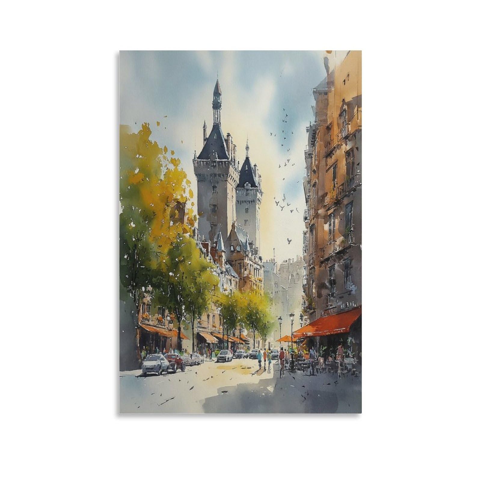 XWYMXZ Boston Skyline Watercolor Painting Mid-Century Modern Massachusetts Travel Posters 24x36inch(60x90cm) Vintage Watercolor Canvas Art