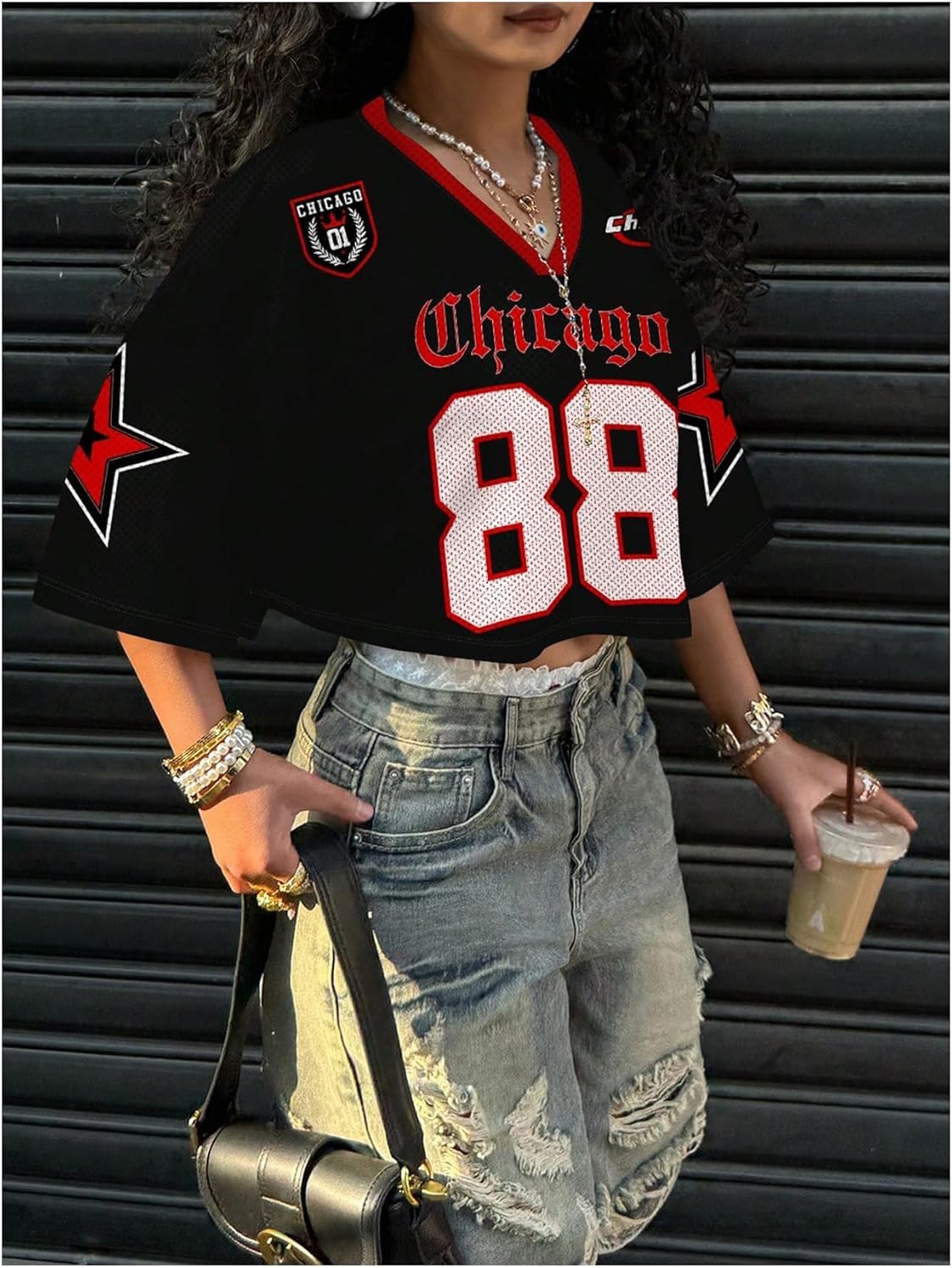 WDIRARA Women's Jersey Shirts Number Graphic Short Sleeve V Neck Tee Loose Crop Top - Image 5