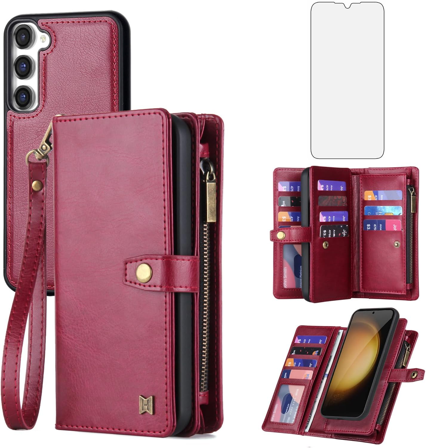 Asuwish Phone Case for Samsung Galaxy S23 Plus S23+ 5G Zipper Wallet Detachable Cover with Screen Protector and Card Holder Slot Protective S23plus 23S + S 23 23+ SM-S916U X23 6.6 inch Women Men Red