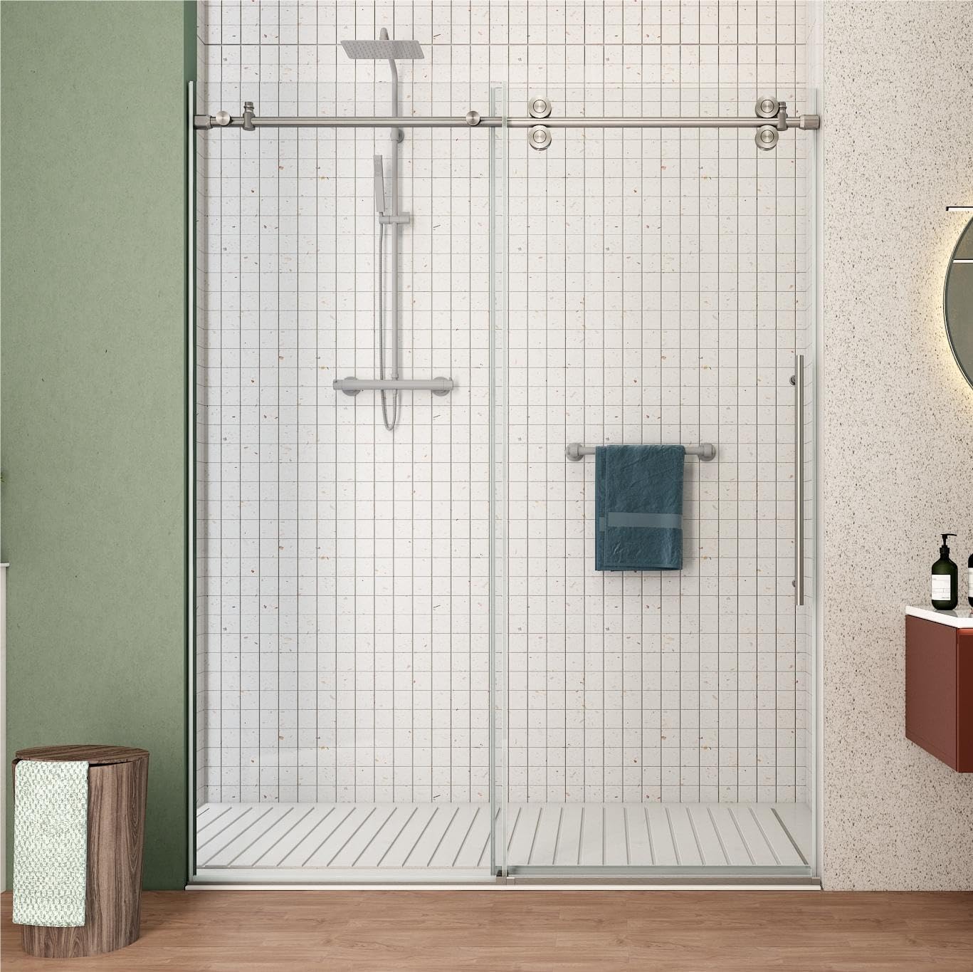 Sunrosa Frameless Shower Door, 51-55" W x 76" H Sliding Shower Door with Handle, Glass Shower Door with 5/16" (8mm) Clear SGCC Tempered Glass, Brushed Nickel