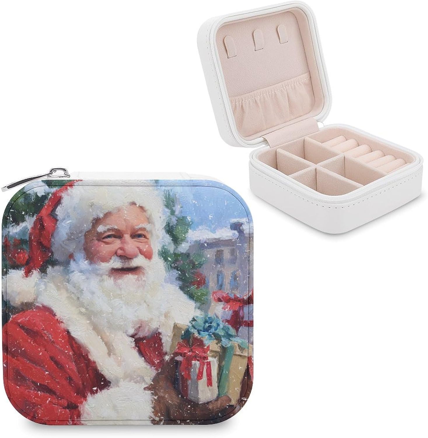 Santa Claus Holding Toys in Hands Travel Jewelry Case,Small Jewelry Box Jewelry Organizer Portable PU Leather Mini Jewelry Case for Womens Earring Necklace Rings Bracelet