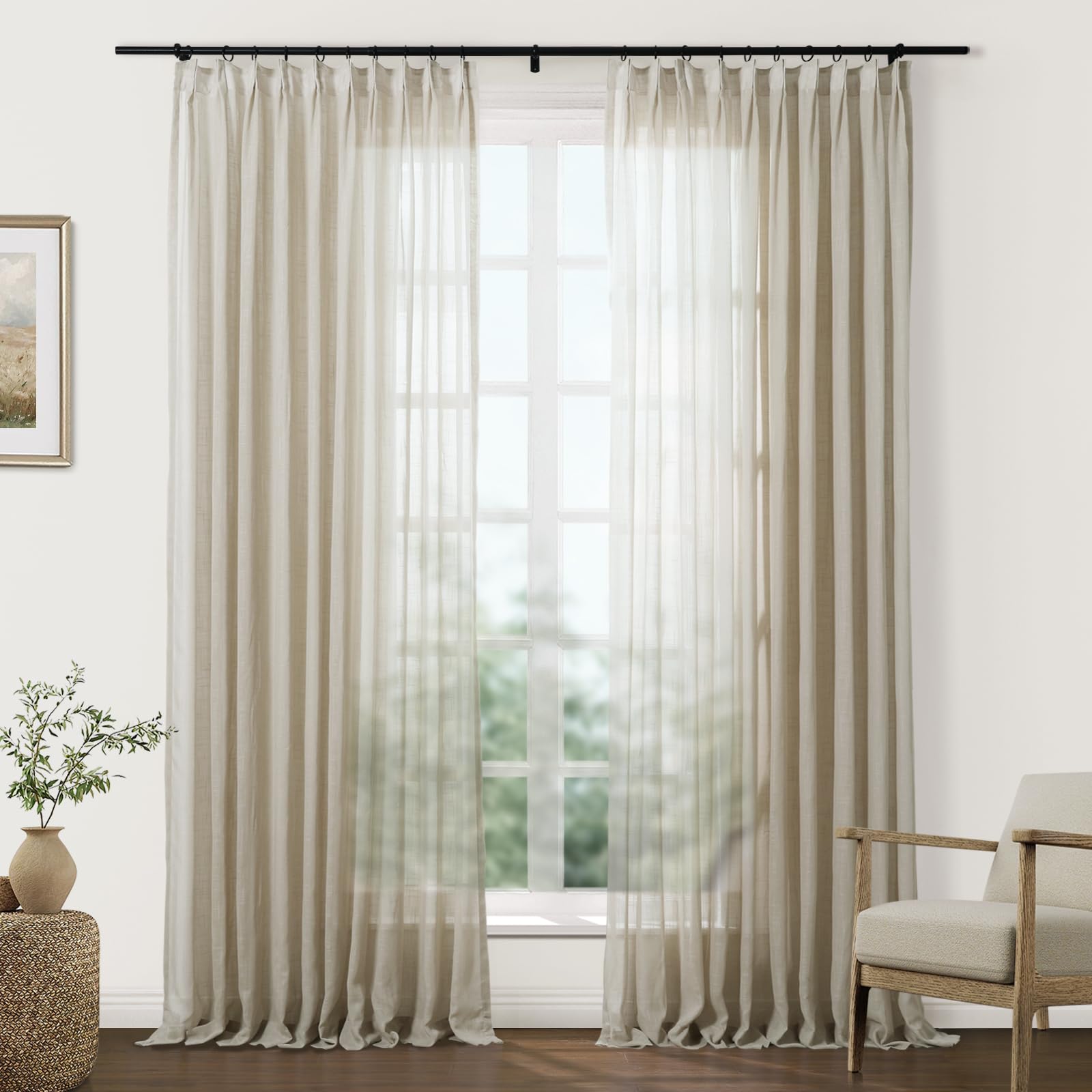 TWOPAGES Light Brown Linen Textured Sheer Curtains 96 Inches Long Pinch Pleat Drapes for Living Room Bedroom Faux Linen Curtains with Hooks, 2 Panels,
