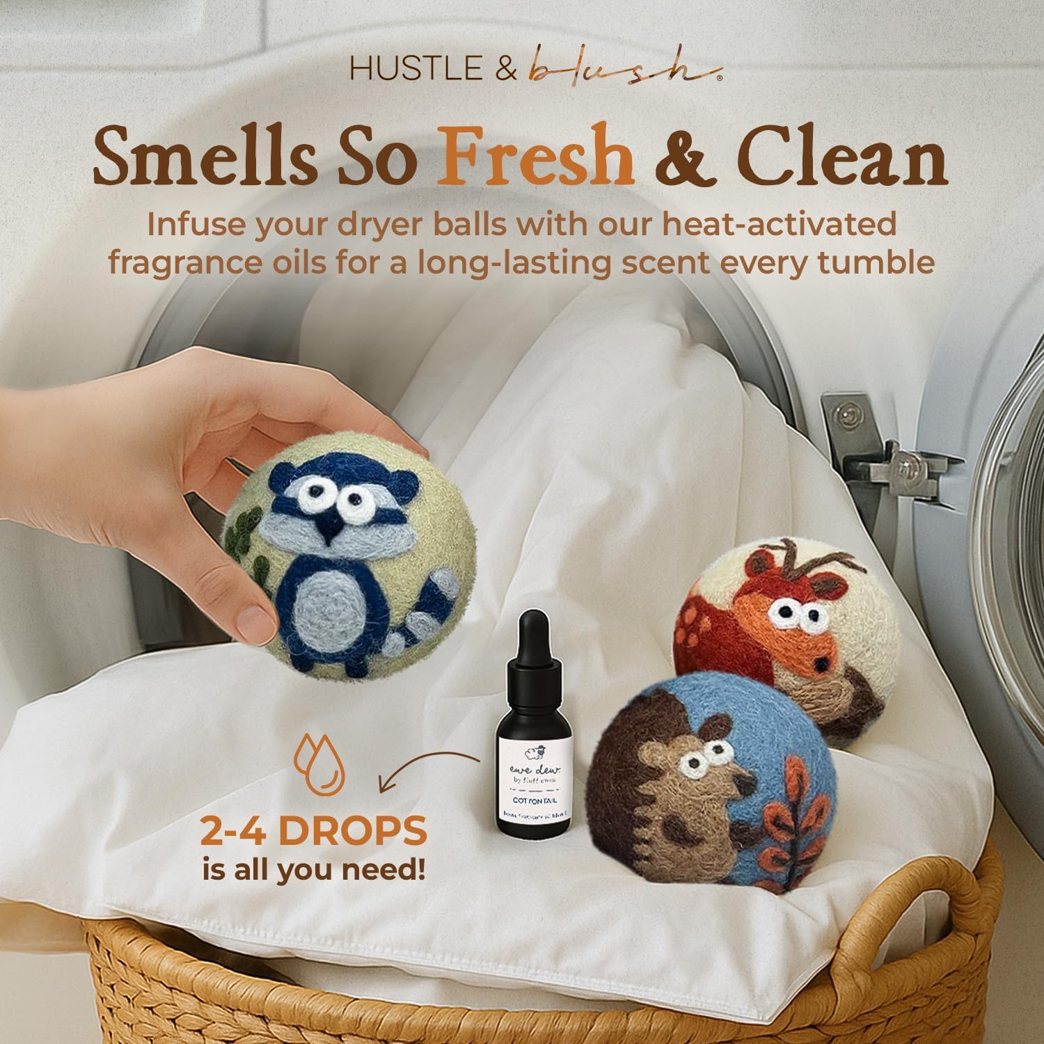 Hustle & Blush Essential Oils Blend and Wool Dryer Balls Bundle Laundry Set, Reduces Drying Time, Chemical Free with Long Lasting Fresh Scent Laundry Supplies - Hedgehog 3 Pack & 15 ml Cottontail Oil
