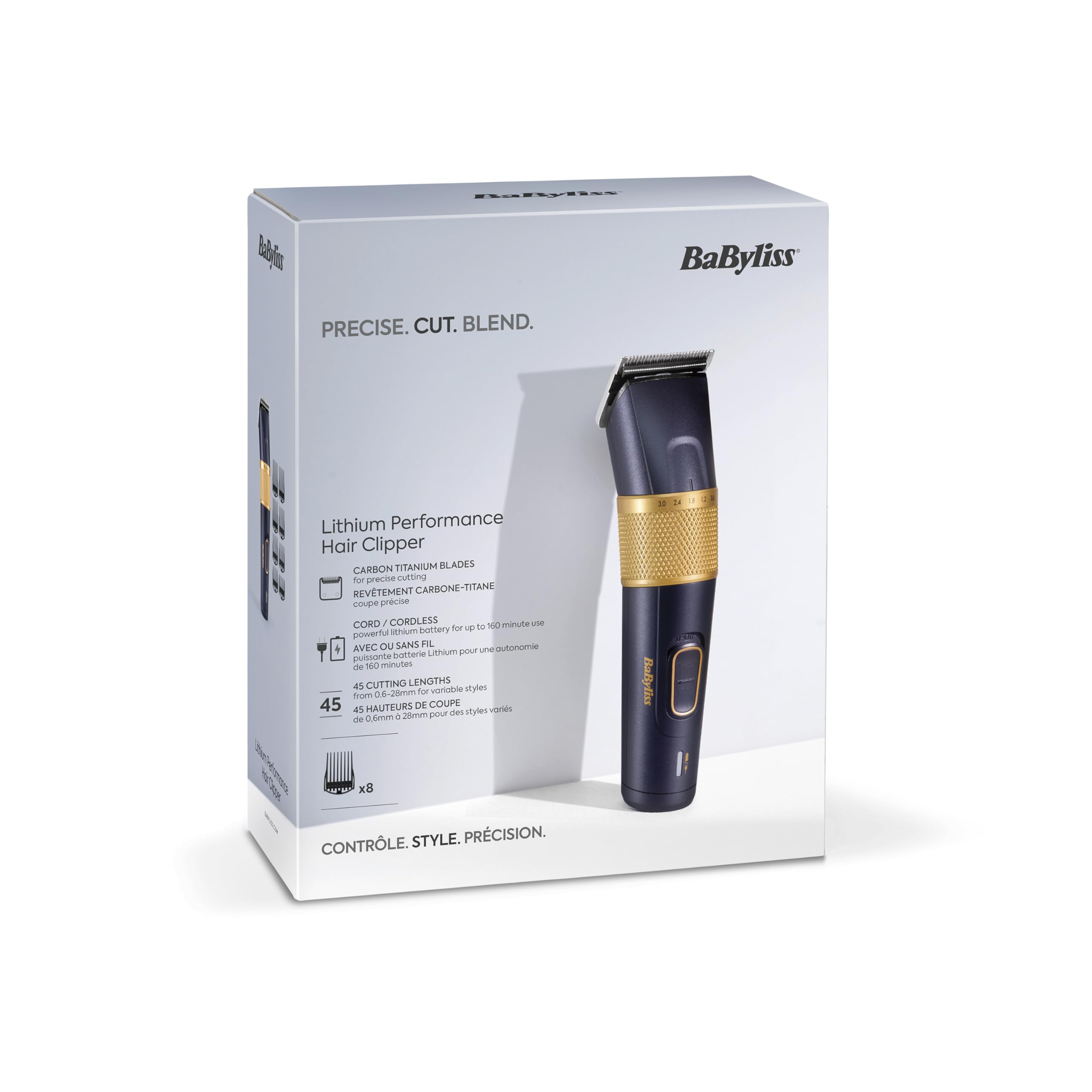 BaByliss Tondeuse à cheveux Lithium Performance - Performance professionnelle sans fil, 45 réglages de longueur (0,6-28 mm), Batterie lithium, Bleu foncé/or, E986E