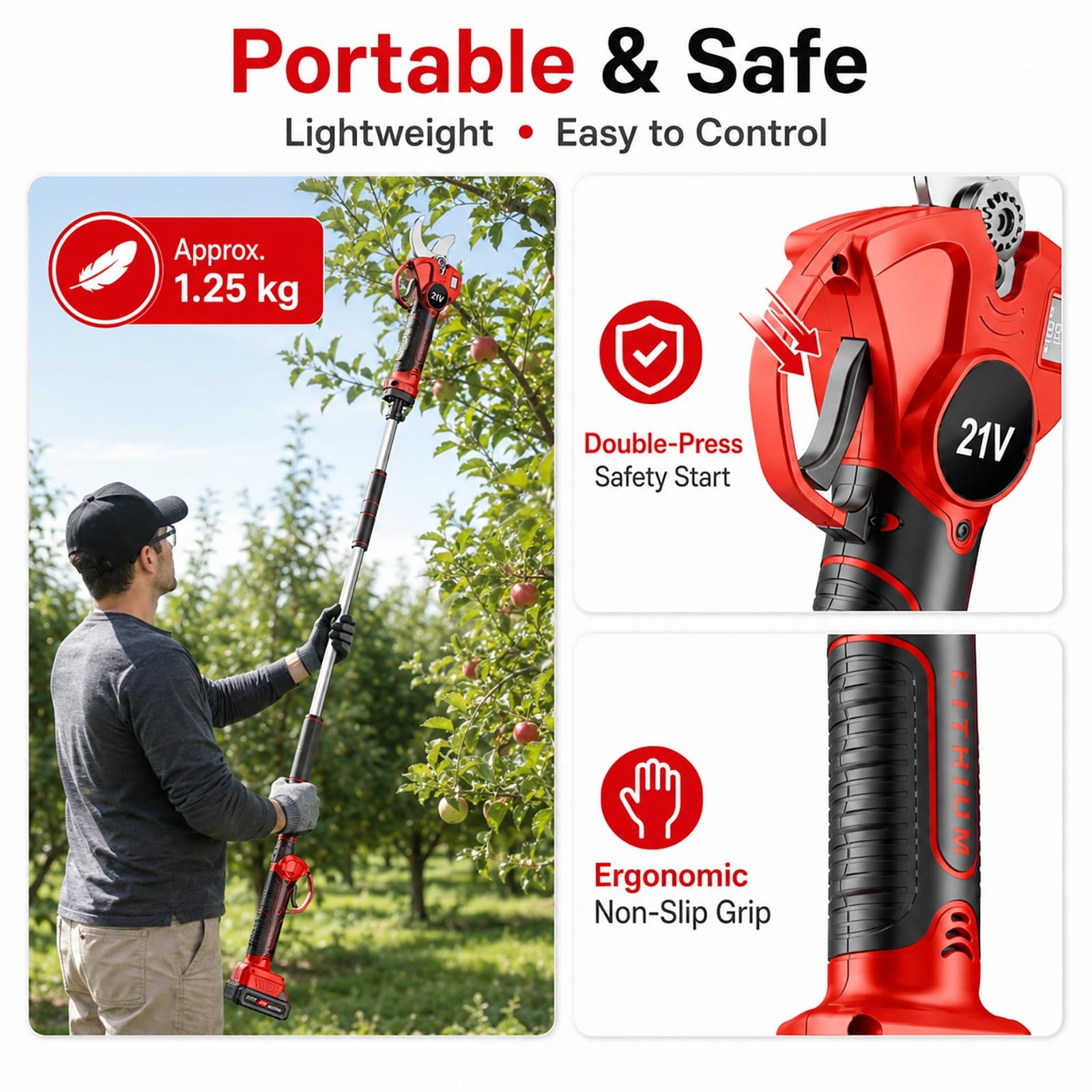 Tijeras De Podar EléCtricas InaláMbricas Profesionales Con PéRtiga Extensible, Pantalla Lcd, BateríAs De 21 V Y 2000 Mah Y Cuchilla De Acero Sk5 DiáMetro MáXimo De Corte: 35 Mm(1-Battery)