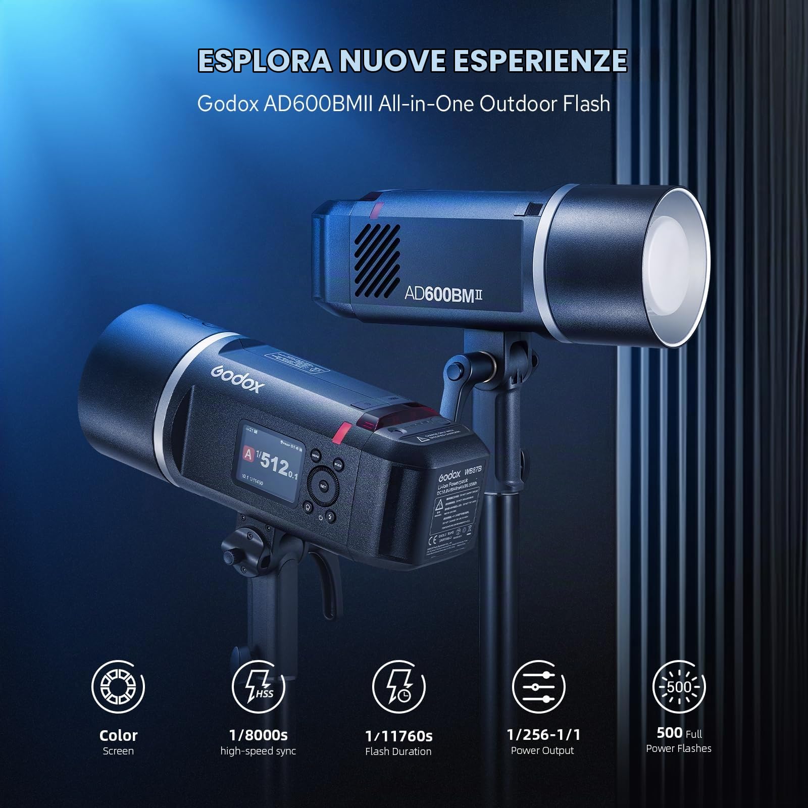Godox AD600BM II AD600 BM II Flash, 600W HSS 1/8000s Flash per Fotografia all'aperto Luce Speedlite, Tempo di Ricarica 0,01 s-1,9 s, Batteria agli ioni di litio, Monoluci Attacco Bowens Monoluce