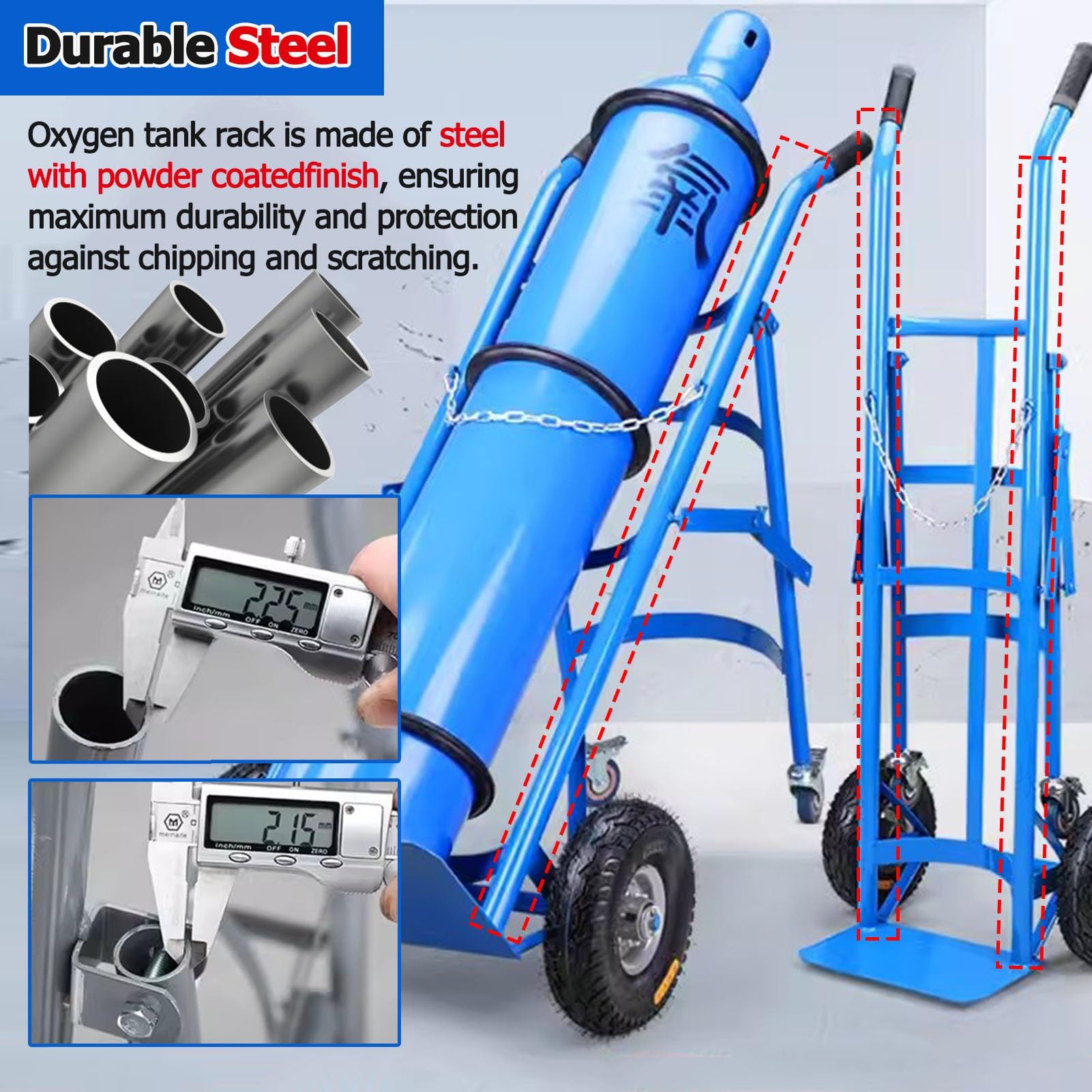 Carrello portatile per bombola di ossigeno con ruote, supporto per serbatoio del gas, robusto ripiano portaoggetti, design non retrattile per uso domestico e medico
