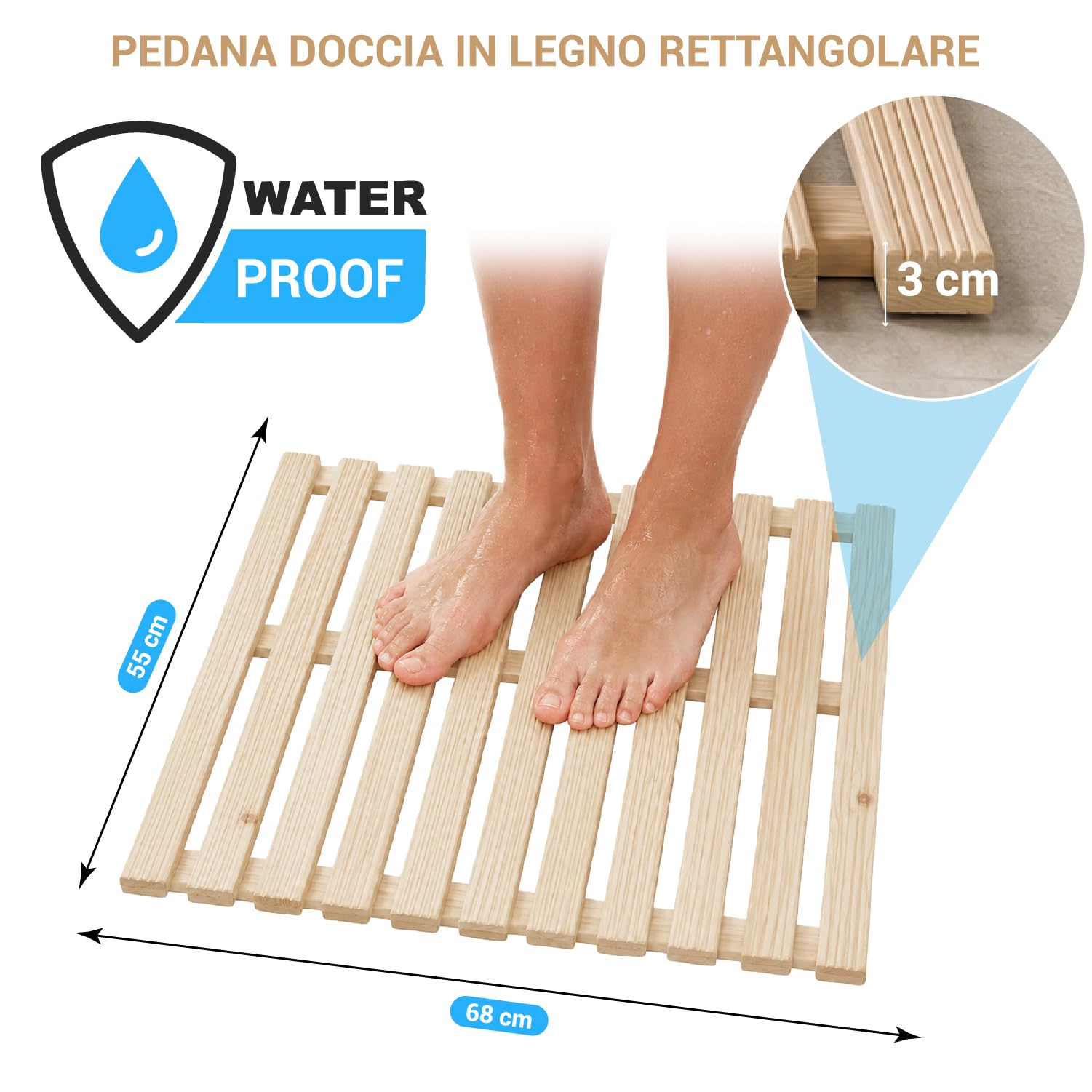 Crisalide® - Pedana Doccia in Legno di Pino Naturale 68x55 cm, Pedana Rettangolare Antiscivolo Waterproof con Doghe Drenanti, Piedini di Appoggio, Tappeto Doccia in Legno per Bagno