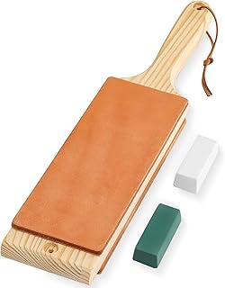 ANGERSTONE Double Sided Leather Strop Kit(14.3" x 3" Knife Stropping Leather）with Ergonomic Handle - Knife Strop for Sharpening Knives, Wood Carving Chisels, Buffing Compound Included