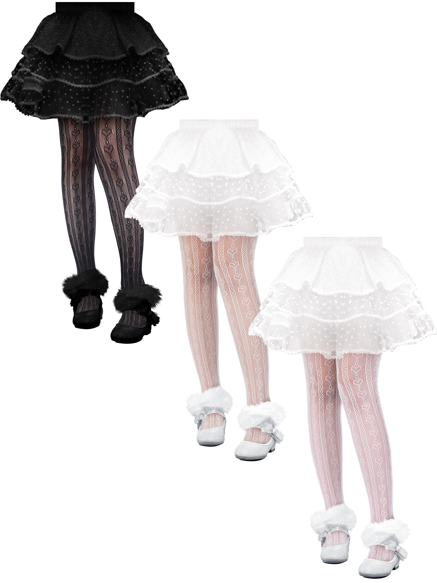 Fourluoo 3 pares de medias de encaje para niñas, medias de red a rayas con patrones de corazón, calcetines elásticos para niños de verano